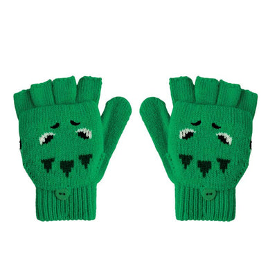 fingerless knit gloves that are green and have a dinosaur face on them