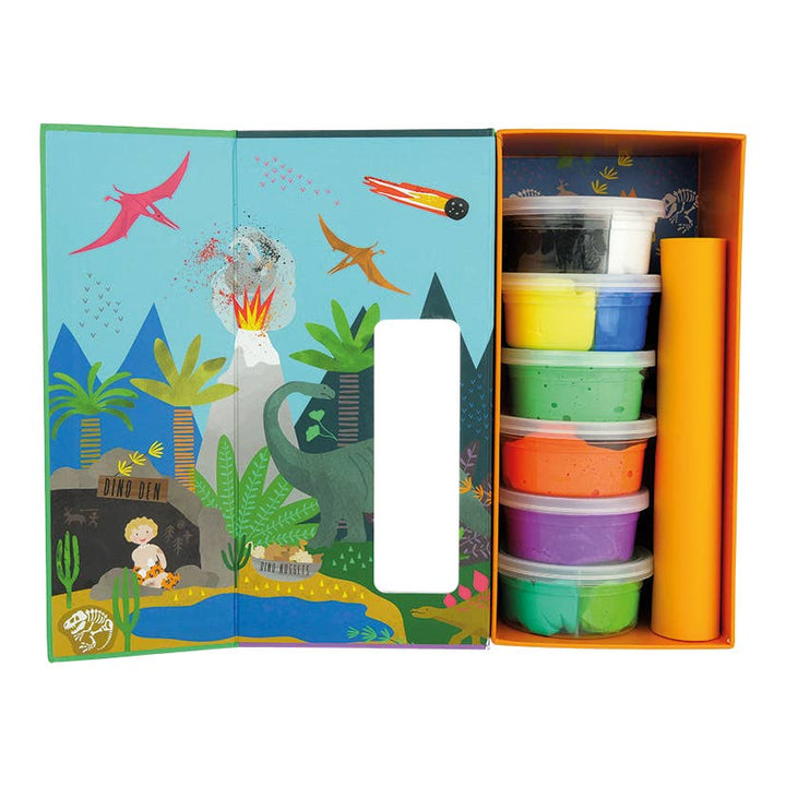 Colorful containers with lids in a dinosaur-themed box