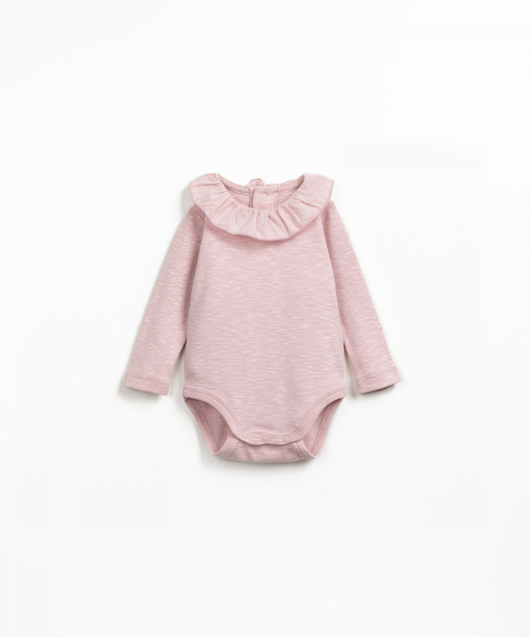 Pink baby bodysuit with ruffled collar on a white background