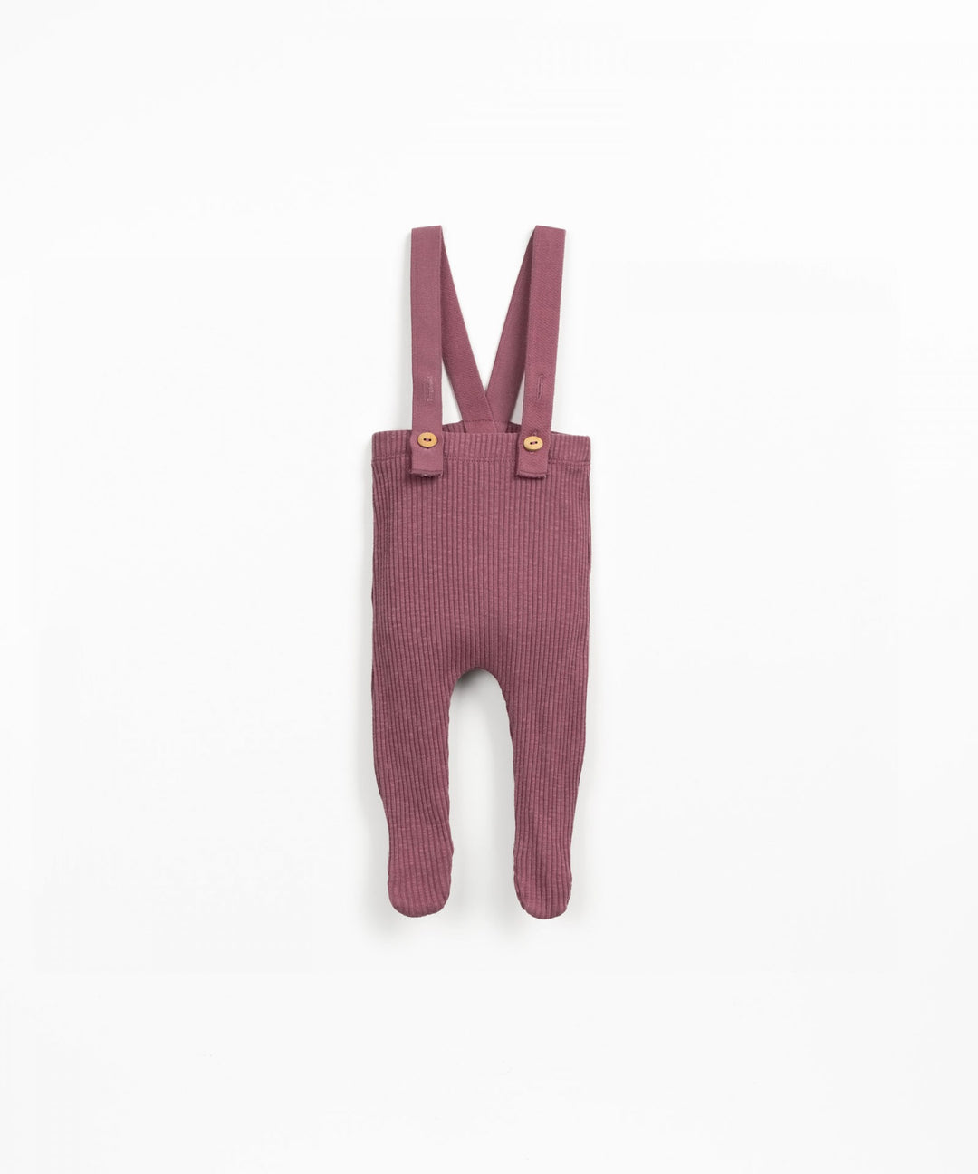 Pink ribbed baby romper with suspenders on a white background