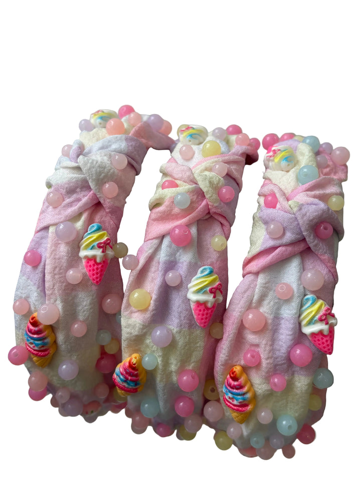 colorful plaid headbands with multicolor beads and ice cream charms attached to the headband. 