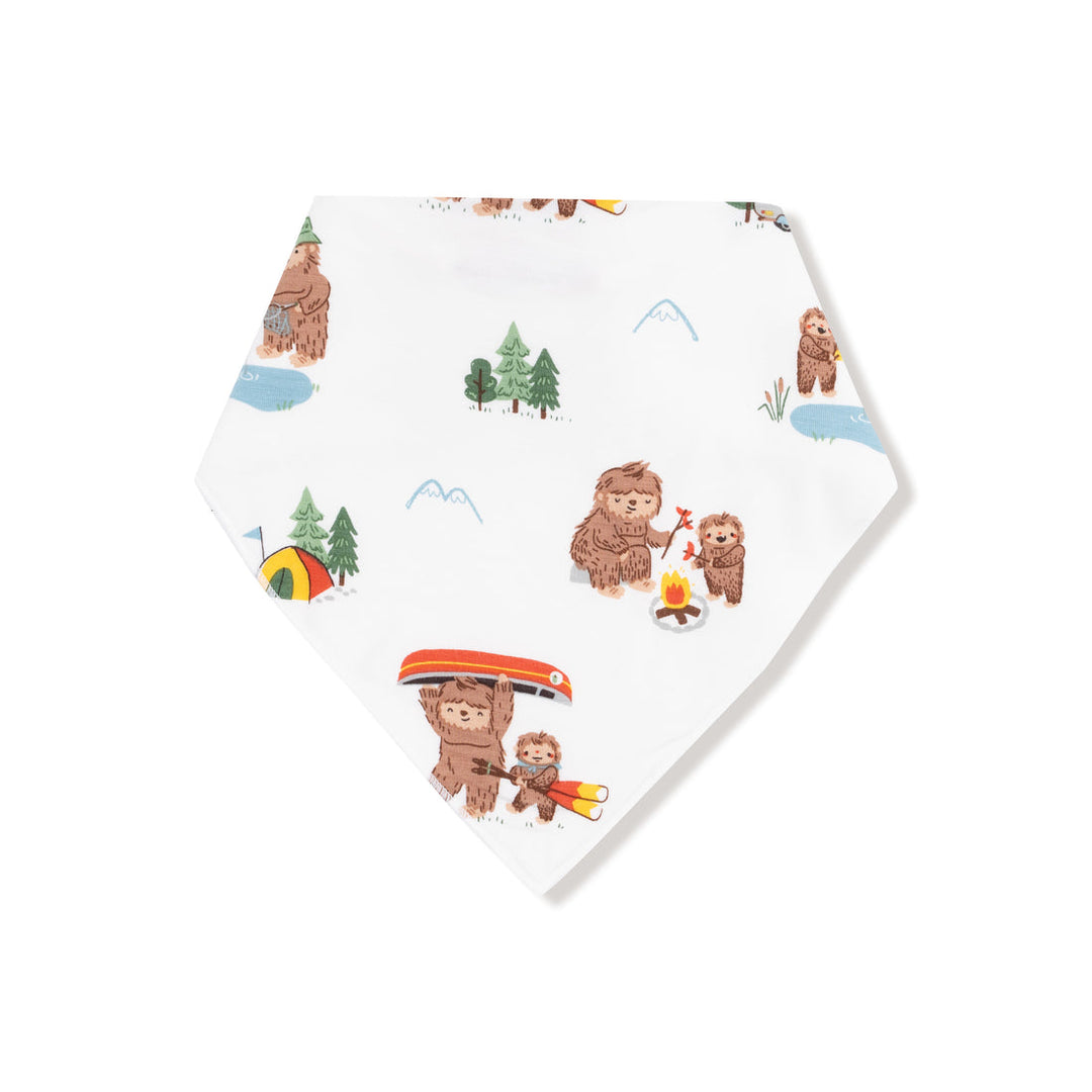 bandana bib with bigfoot camping theme on a white background