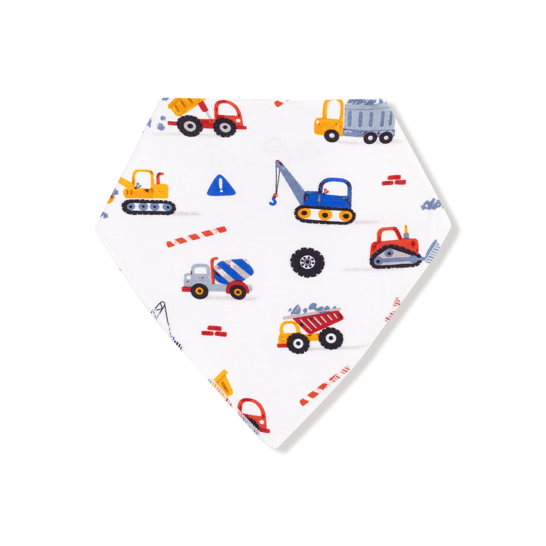bandana bib with construction vehicles on it. 
