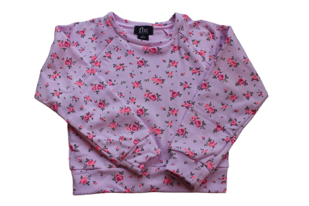 picture of pink sweatshirt with tiny hot pink roses all over it. long sleeves and crewneck sweasthirt. 