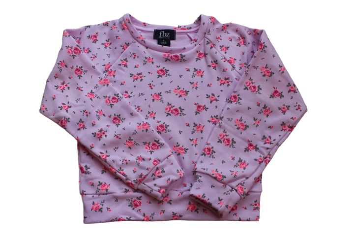 picture of pink sweatshirt with tiny hot pink roses all over it. long sleeves and crewneck sweasthirt. 