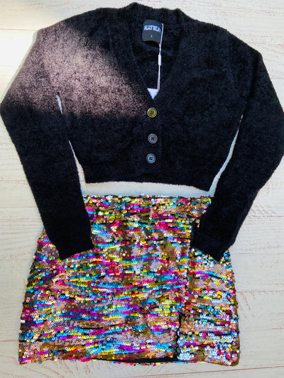 Katie J NYC Multi Rainbow Sequin Taylor Skirt paired with Katie J NYC Mara Cardigan in black.