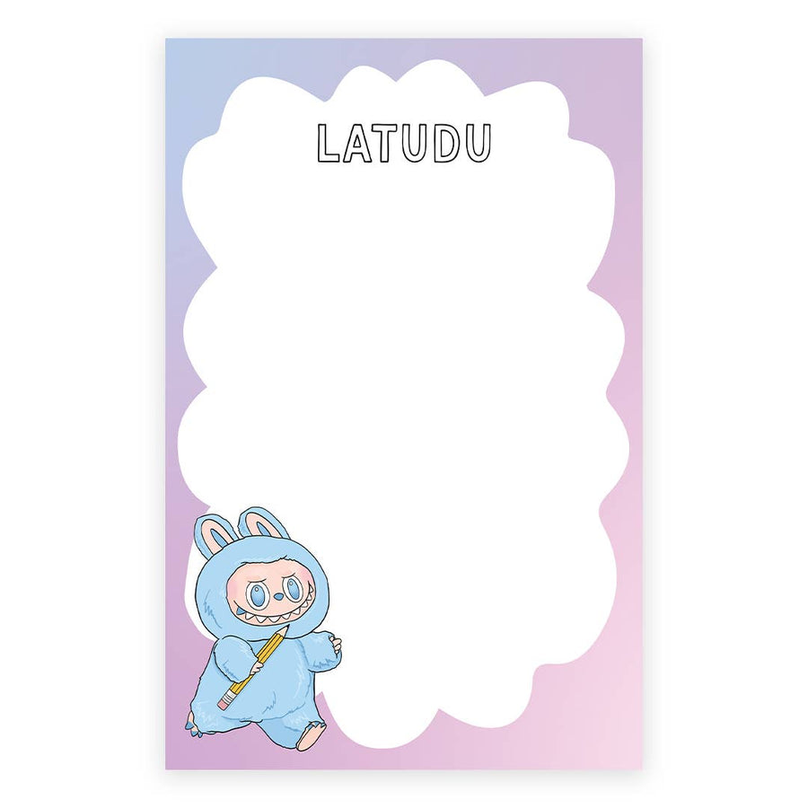 Notepad with a cartoon character and 'LATUDU' branding on a light purple background