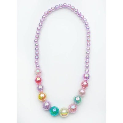 watercolor necklaces with mostly lavender beads with pastel multicolor beads in the front half of the necklace. 