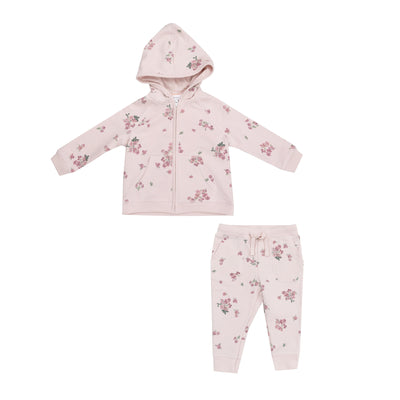 pink hooded floral jogger set. hooded sweatshirt with jogger pants. 