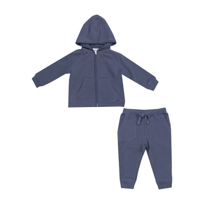 navy jogger set for baby with zipper hoodie and drawstring pants.  