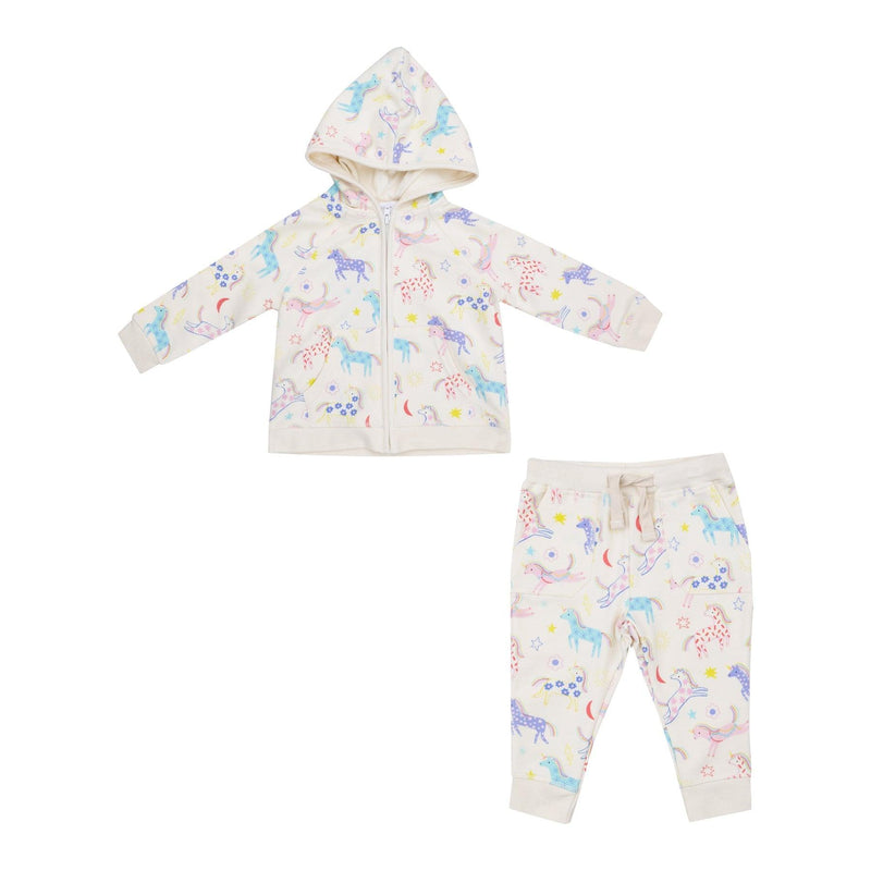 2 piece french terry set. hooded zipper sweatshirt and joggers with all over colorful unicorn print!