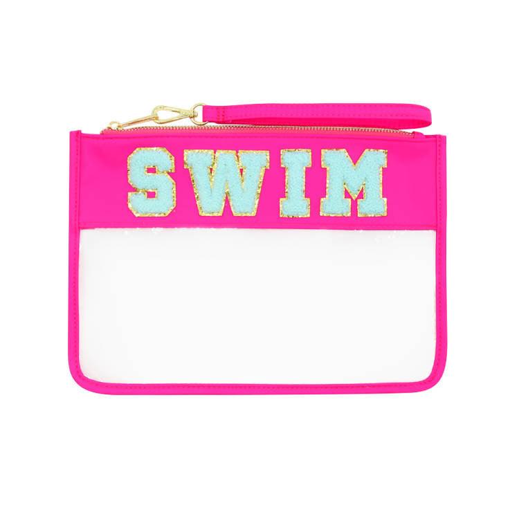 clear pouch with the word 'Swim' on the top of the hot pink parts of the bag. 