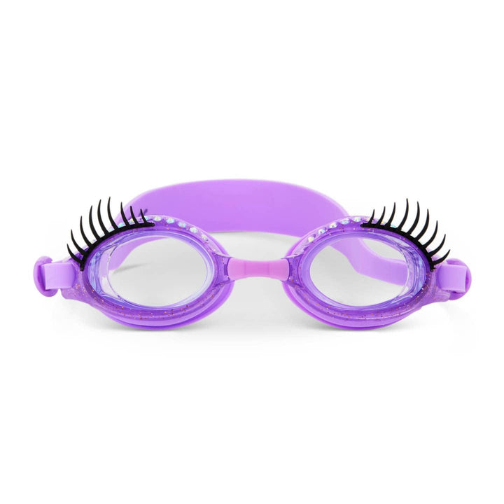 purple swim goggles with dramatic eyelashes on the goggles. 