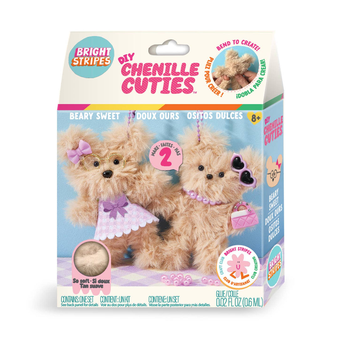 Box of DIY Chenille Cuties craft kit with two teddy bear toys on a white background