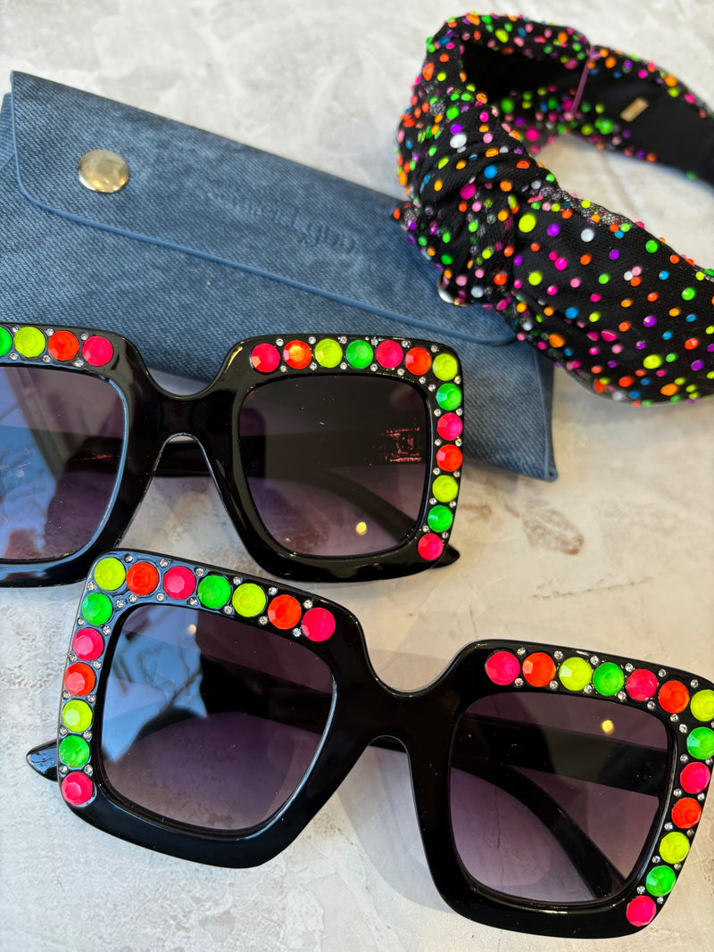 Girls Sunglasses | Crystallizes Square- Black Neon | Bari Lynn Accessories