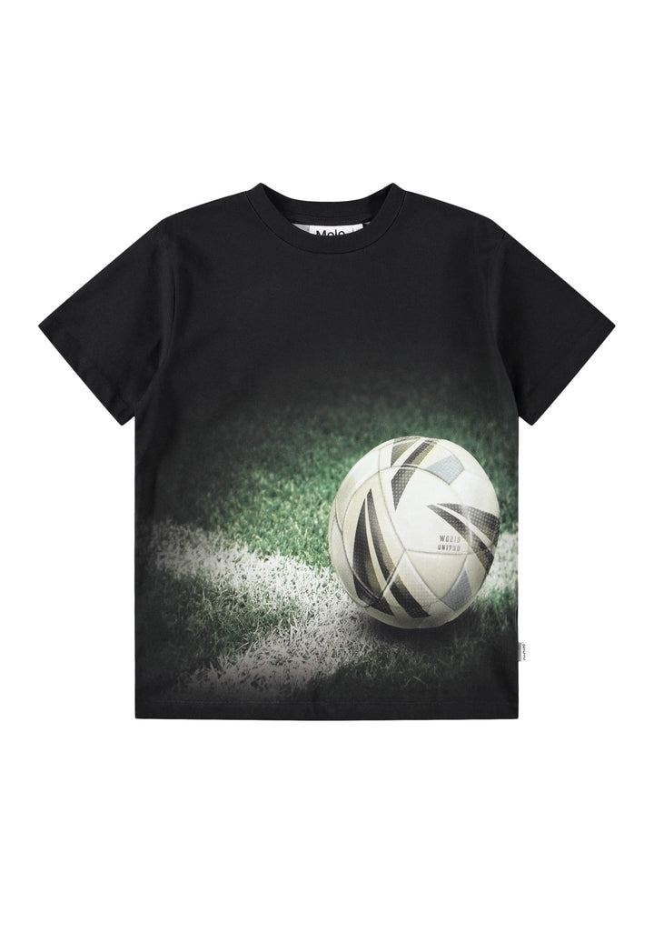 Black t-shirt with a soccerball graphic on a grass field