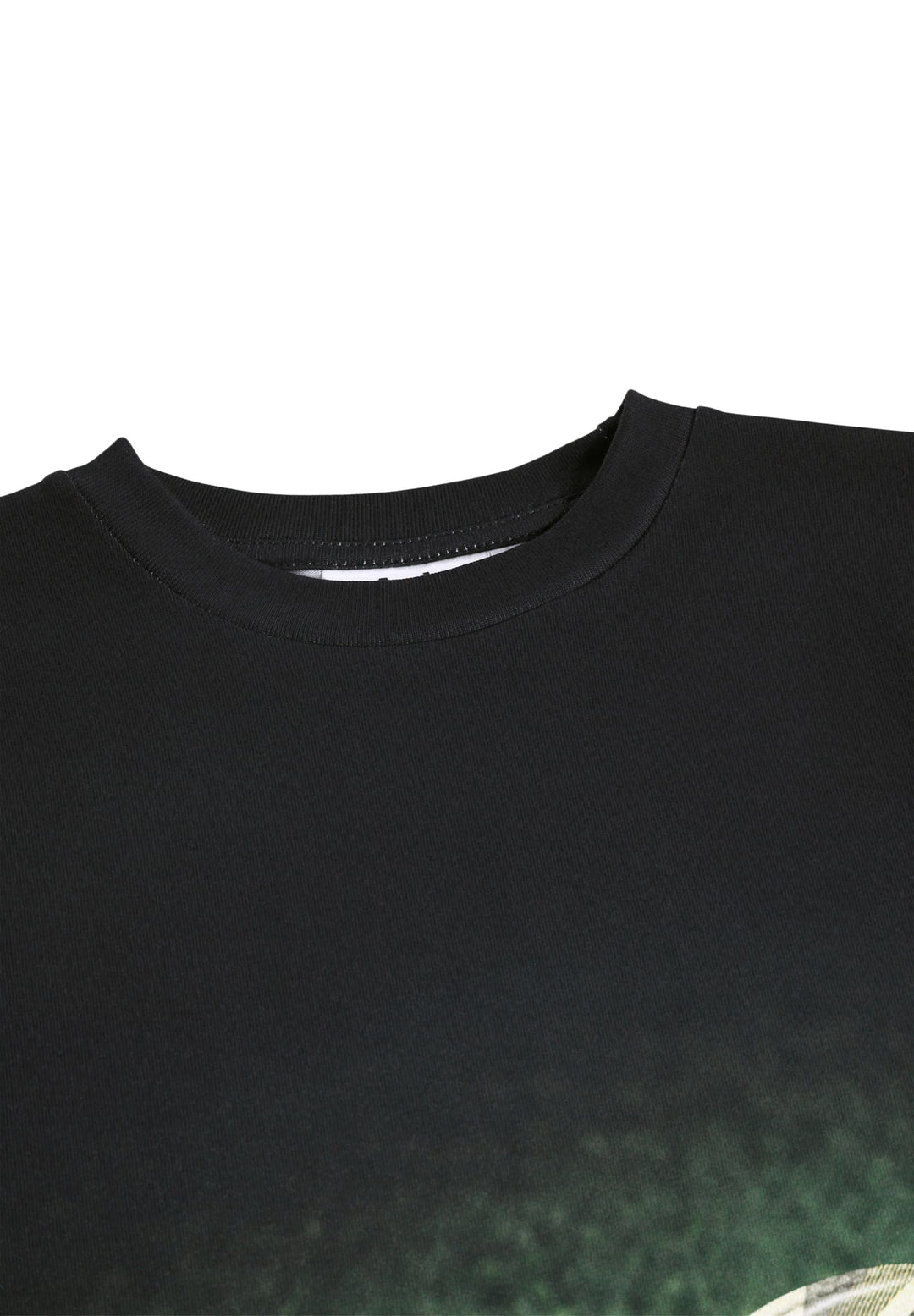 Close-up of a black t-shirt with a gradient design on a white background