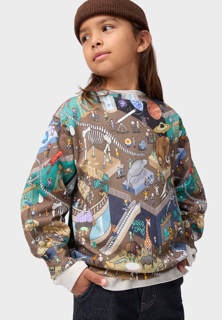 Child wearing a colorful patterned sweatshirt with a mosaic design of the Natural History Museum of Art on a white background