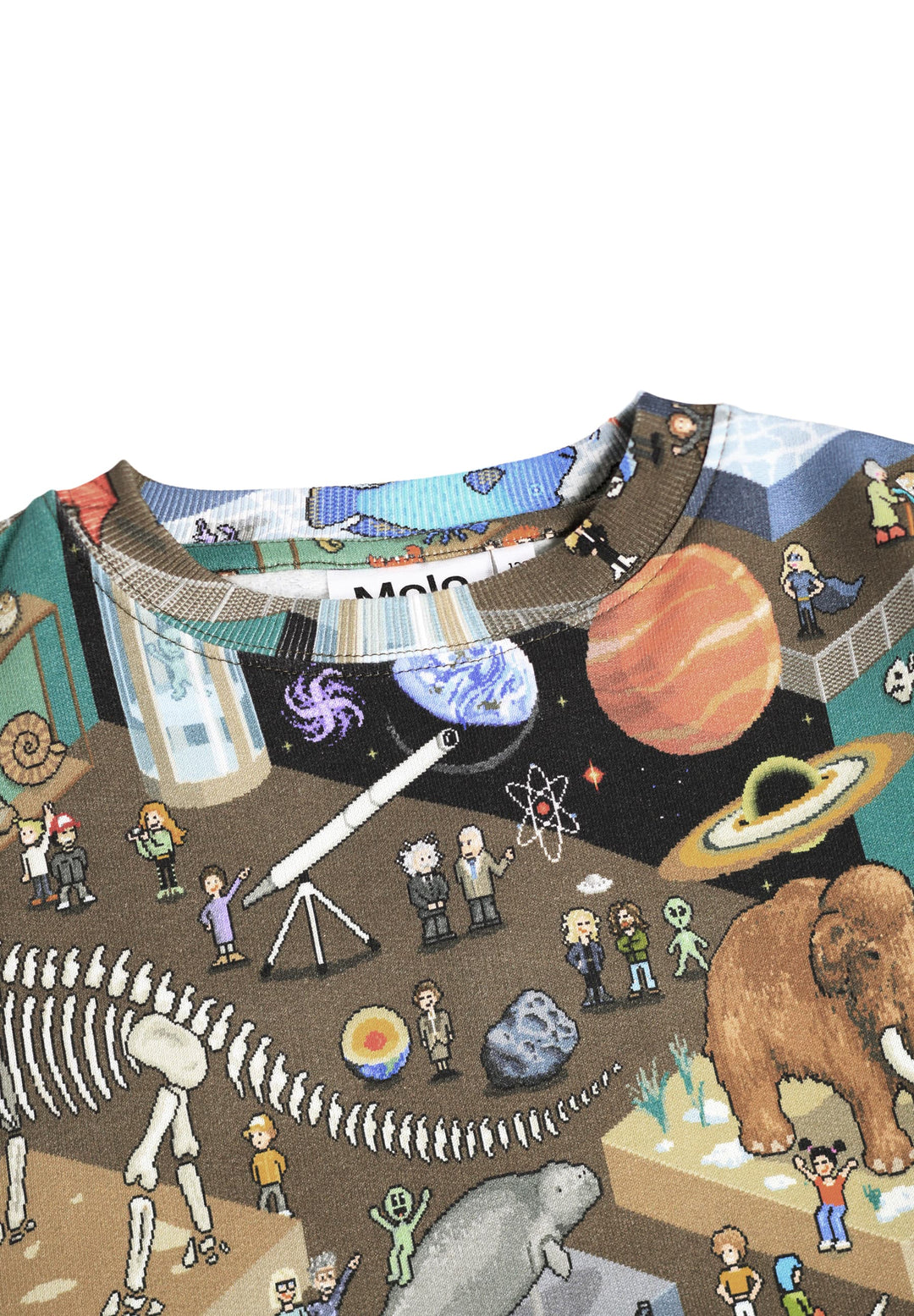 close up on the pattern Children's shirt with a colorful design of animals, planets, and people in a museum setting.