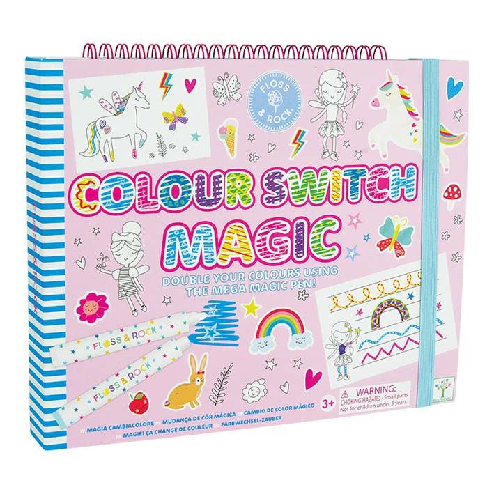color switch magic book with stickers and color change markers in the theme of unicorns and fairies