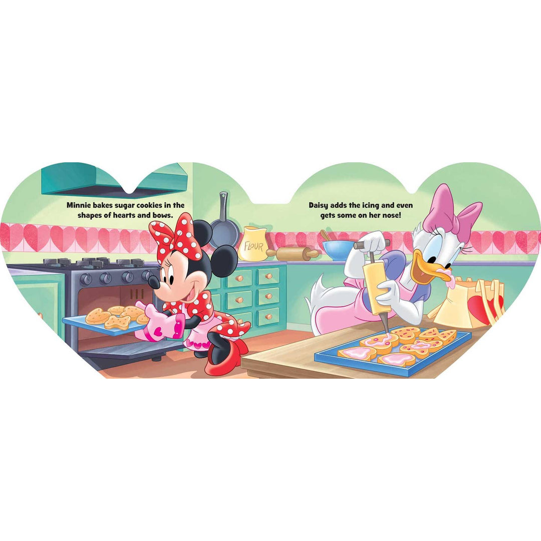 Illustration of Minnie Mouse and Daisy Duck baking cookies in a heart-shaped frame.