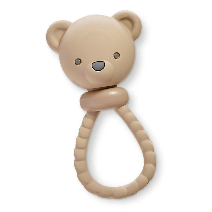 teddy bear rattle in a light brown color with loop at the bottom to hold onto. 