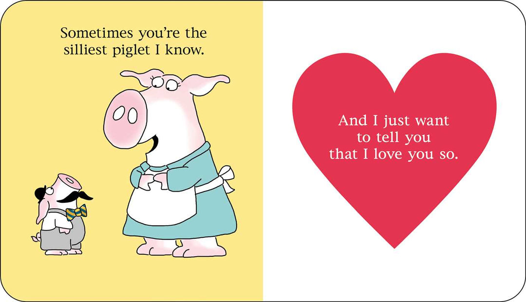 Cartoon pig character with a smaller piglet and a red heart with text on a yellow background