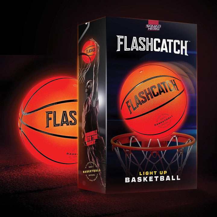 Flashcatch light-up basketball packaging with basketball and hoop illustration on a dark background