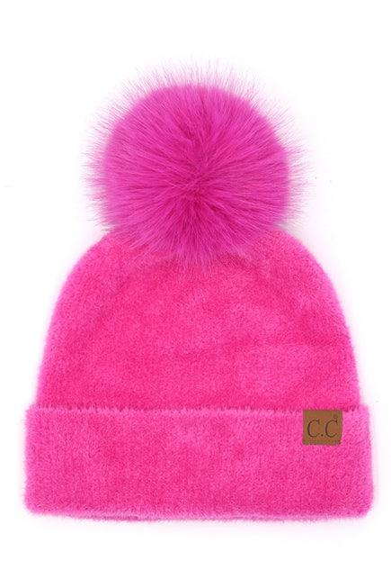 hot pink chenille beanie hat with pom pom