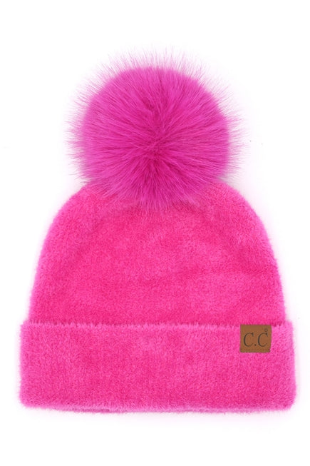 hot pink chenille beanie hat with pom pom