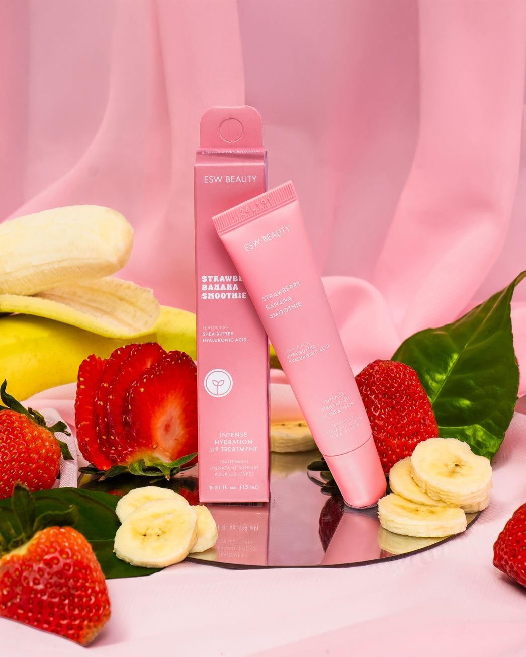 branded photo with pink ox and pink tube with strawberry banana flavor and with strawberries and bananas in the picture. 