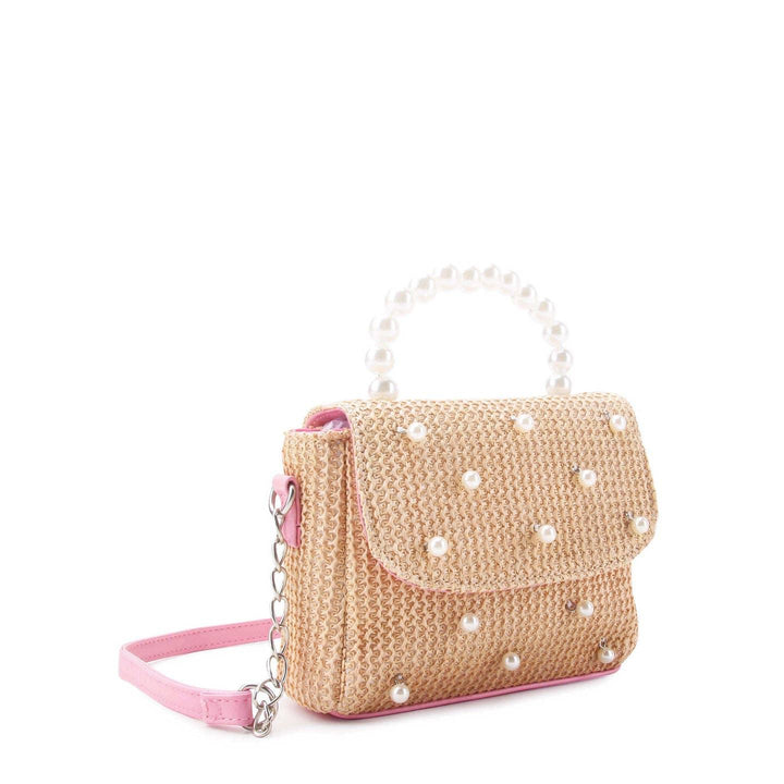 straw crossbody bag with pearls sewn on the front, pearl heandle , pink strap