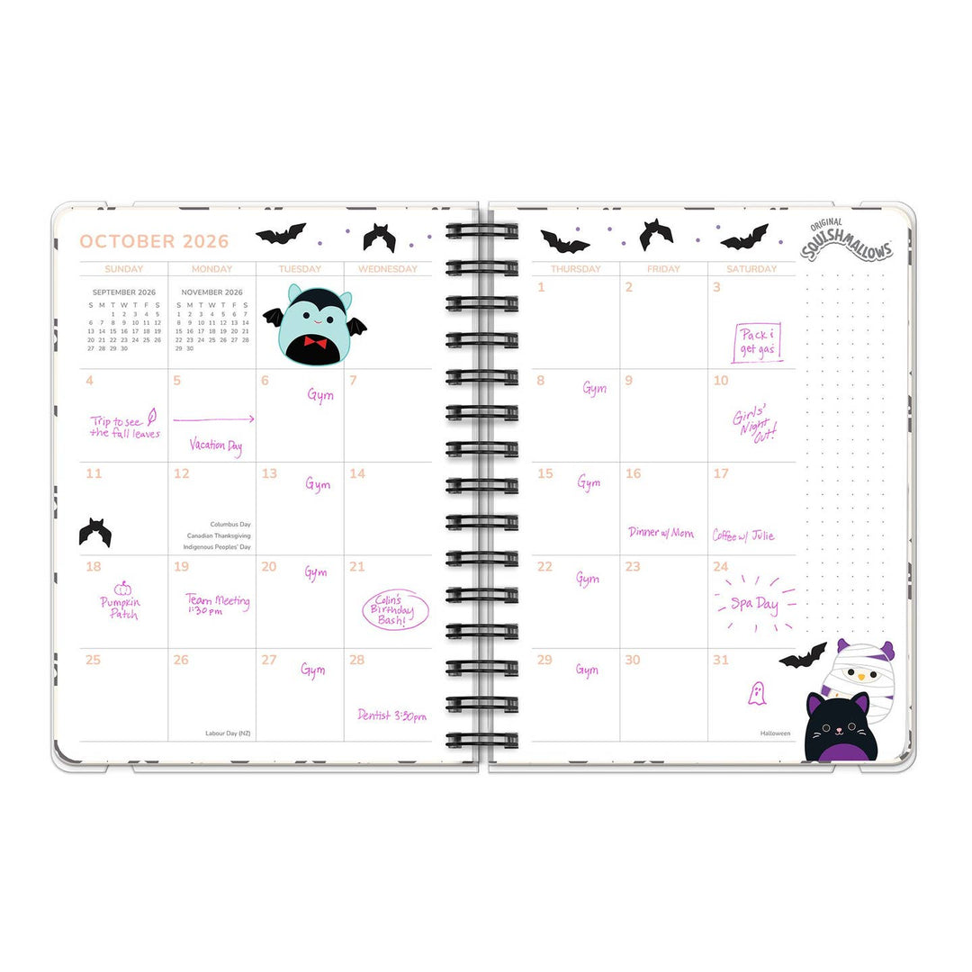 Halloween-themed planner with cartoon characters and text on a white background