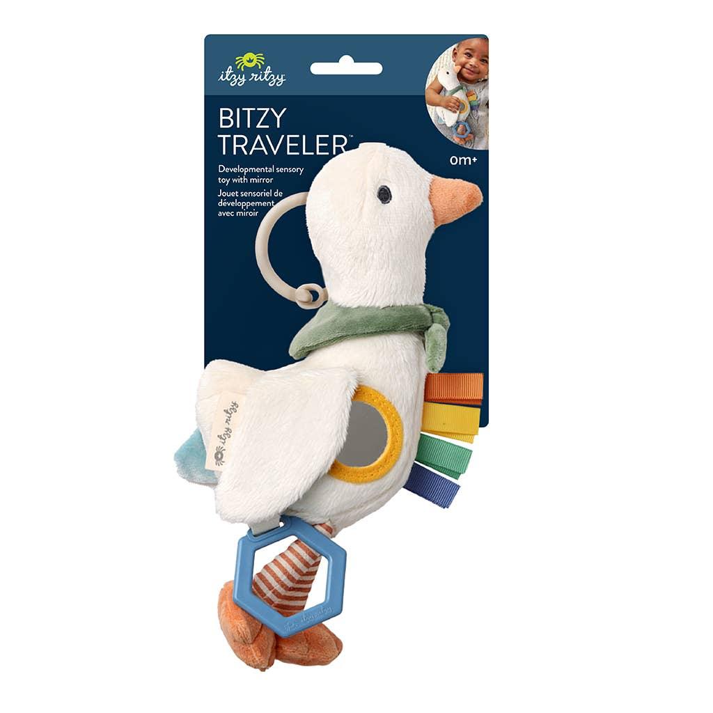 geese baby toy with mirror, teething toy and other elements that provide stimulation. 