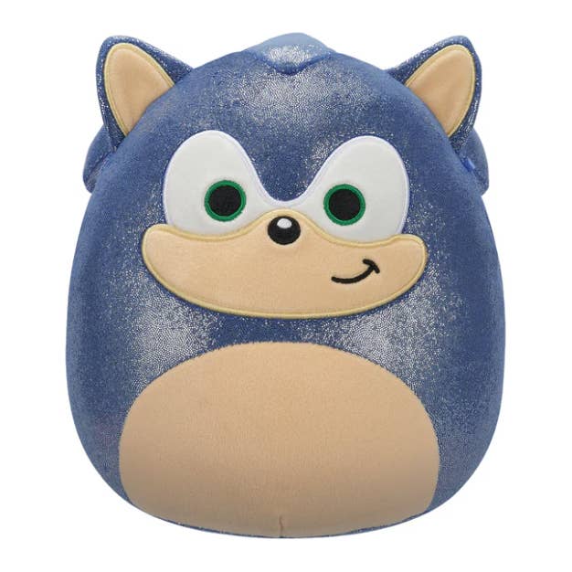 Blue and beige plush toy with a smiling face looks like Sonic the Hedgehog 
