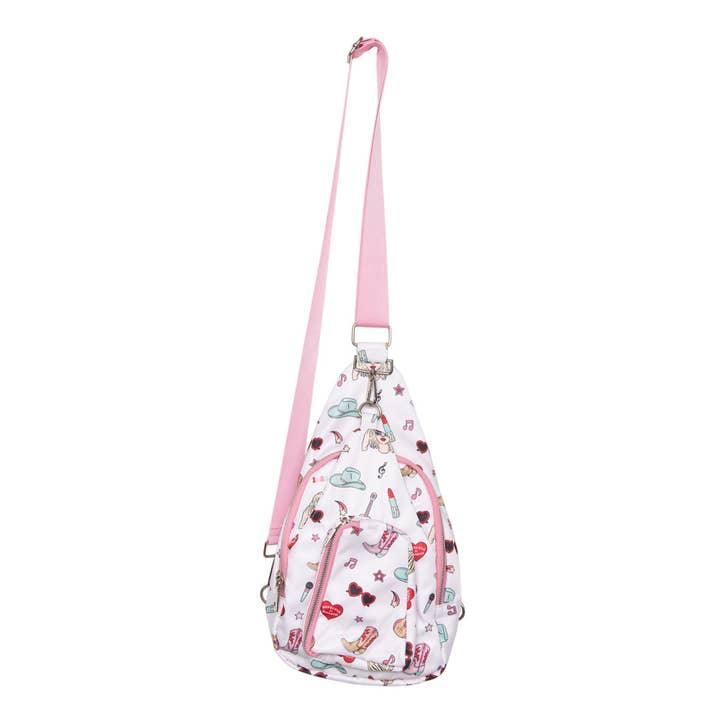 sling bag that wears like a crossbody bag and a backpack in one. multiple zipper compartments with Taylor Swift inspired print. 