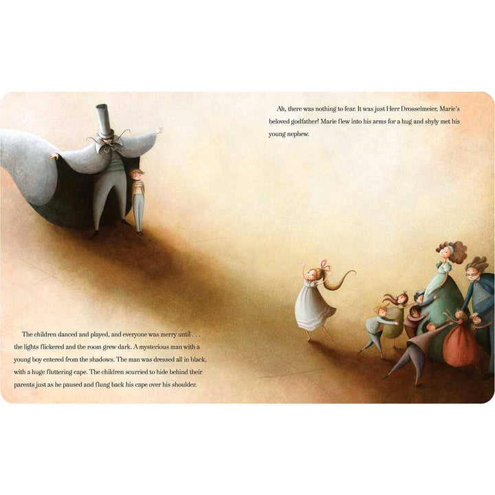 Illustrated book page with a man in a top hat embracing a child, surrounded by other children and a woman with a pumpkin.