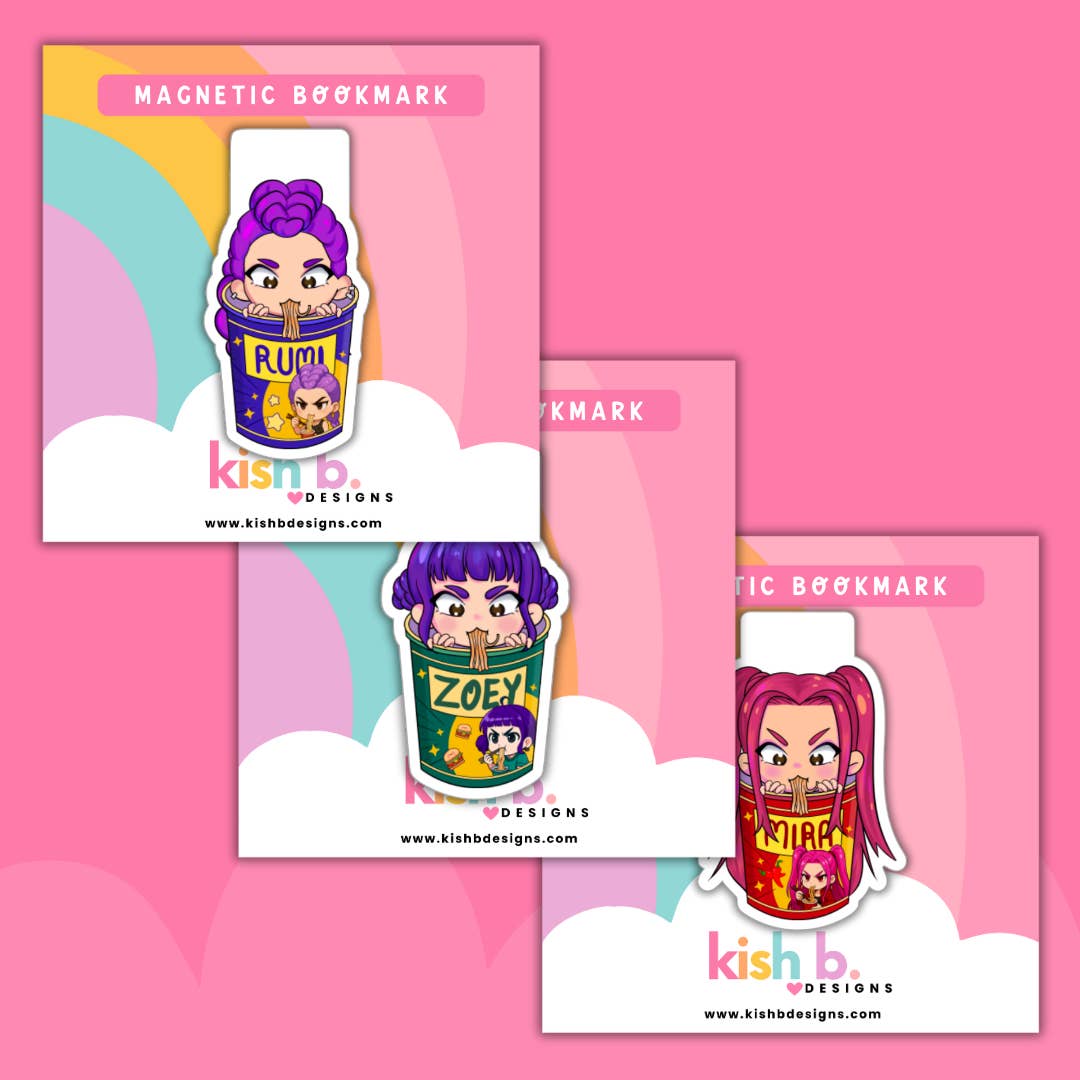 Set of colorful magnetic bookmarks with cartoon characters on a pink background