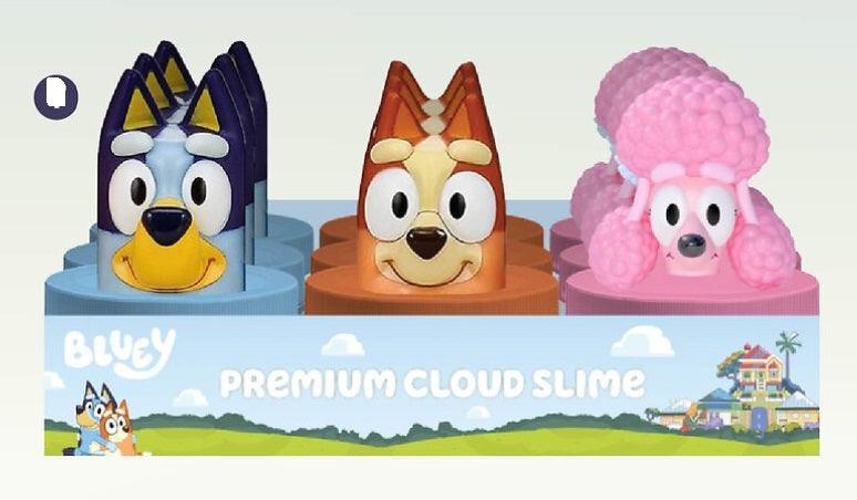 slime jars topped with bluey charachters: Bluey, bingo, and poodle
