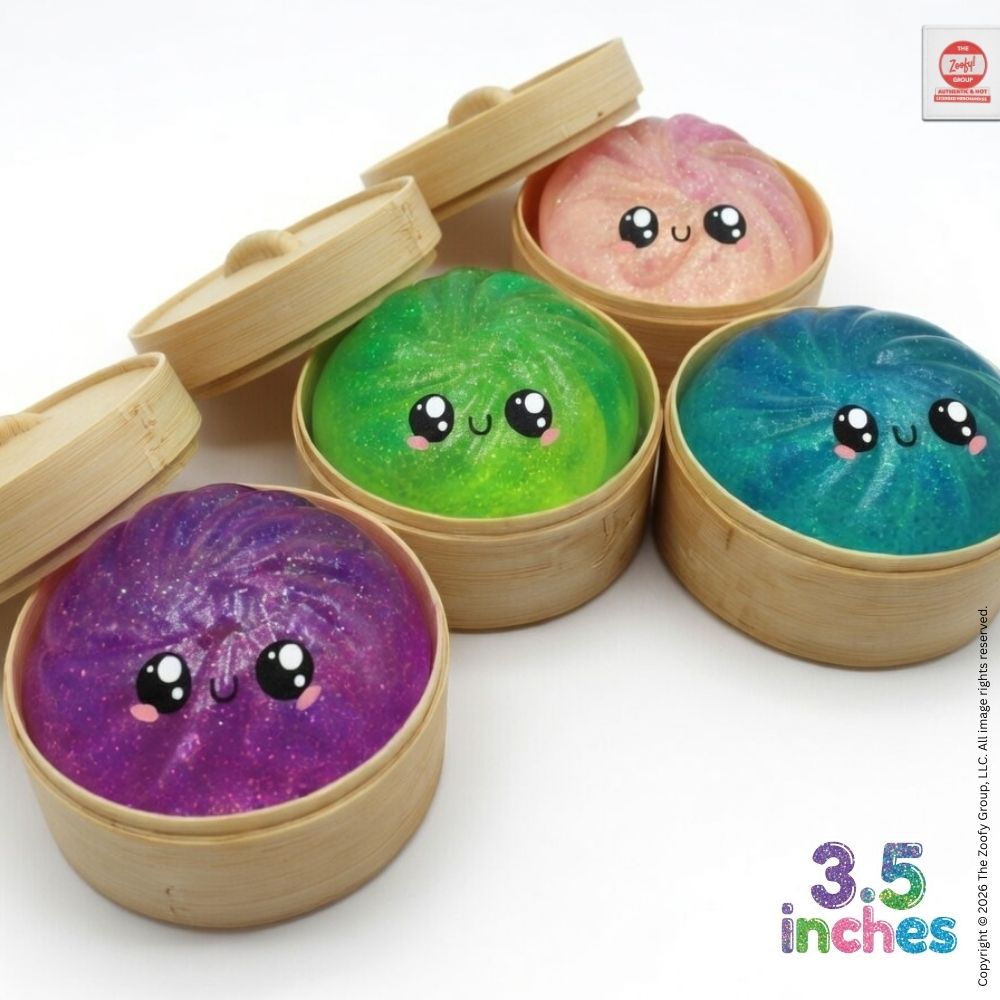 Colorful squishy dumplings with faces in a bamboo steamer on a white background