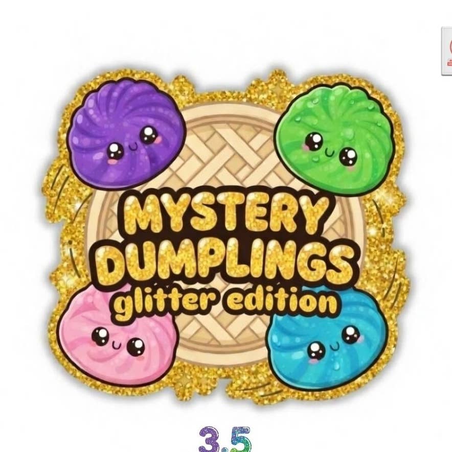 Mystery Dumplings glitter edition with colorful dumplings around a wicker basket on a white background.
