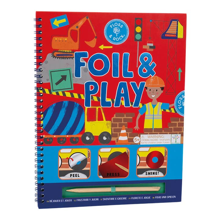 foil and play craft kit with construction vehicles throughout the  book. 