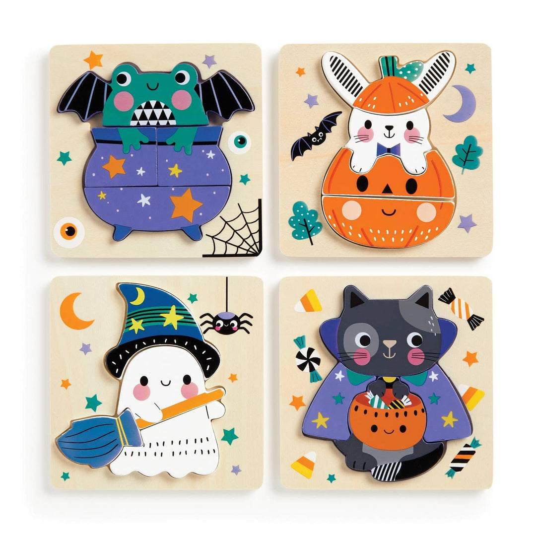 Four Halloween-themed wooden puzzles with cute characters on a white background.