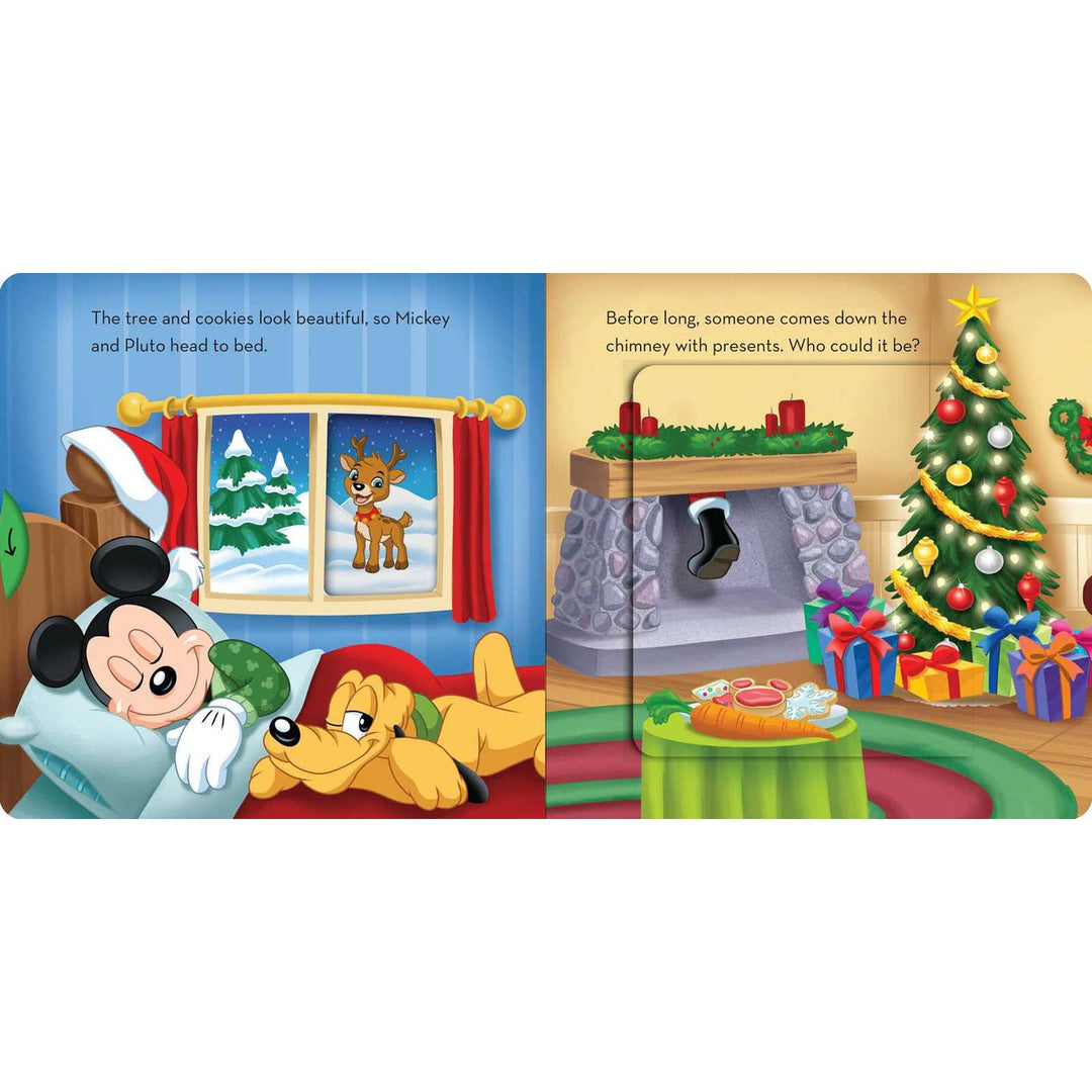 Illustration of Mickey Mouse and Pluto in a Christmas scene with a tree, presents, and reindeer.