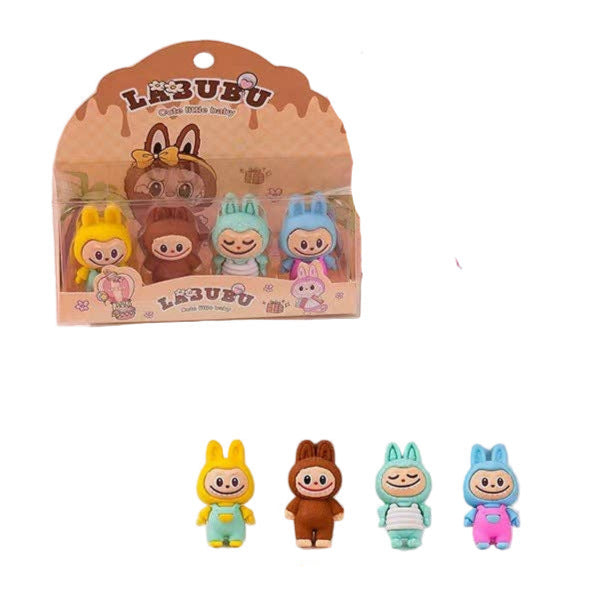 Set of colorful toy erasers in front of their packaging on a white background