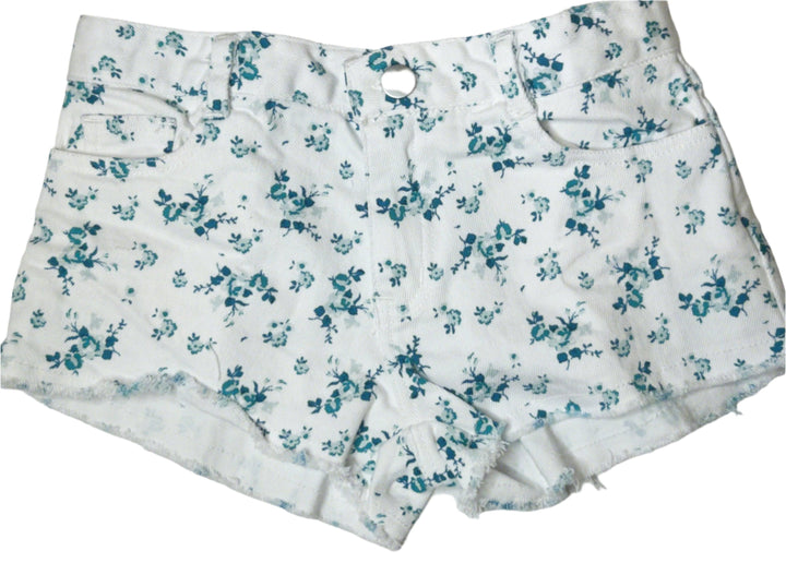 white twill cut off shorts with blue and navy roses and rosebud prints. 