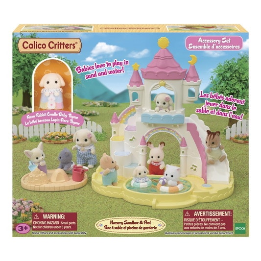 Boxed set of Calico Critters Nursery Sandbox & Pool with toy figures and sandcastle.