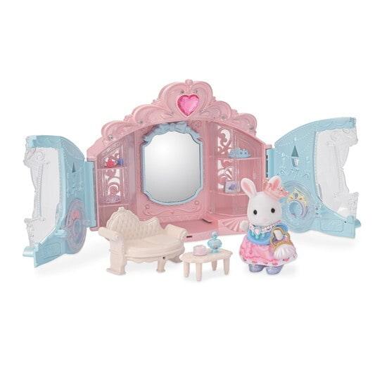 bunny dressed as a princess and a lux dressing room that looks like a princess carriage. comes with a sofa and a table for bunny to sit. 