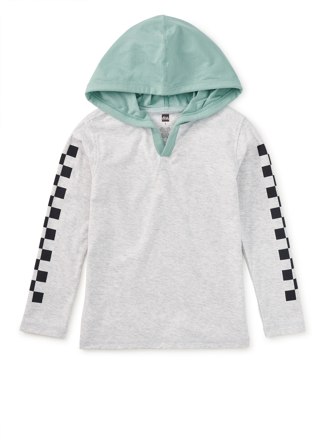 Light gray hoodie with checkered sleeves on a white background