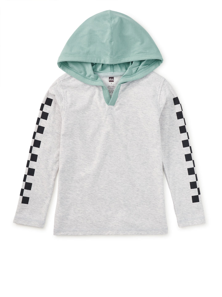 Light gray hoodie with checkered sleeves on a white background